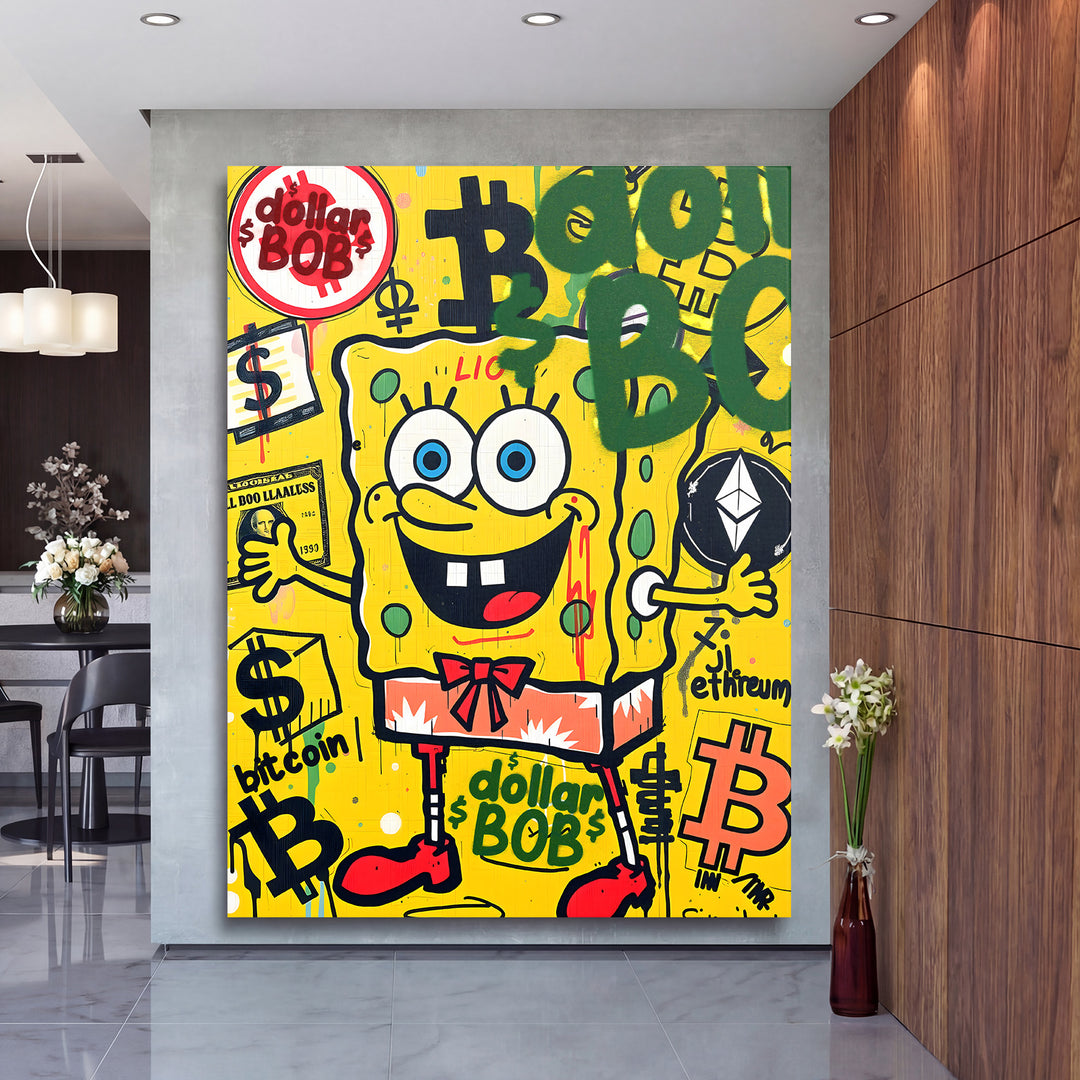 Motivační pop art obraz na plátně se Spongebobem, bitcoinem a ethereum v moderní kanceláři