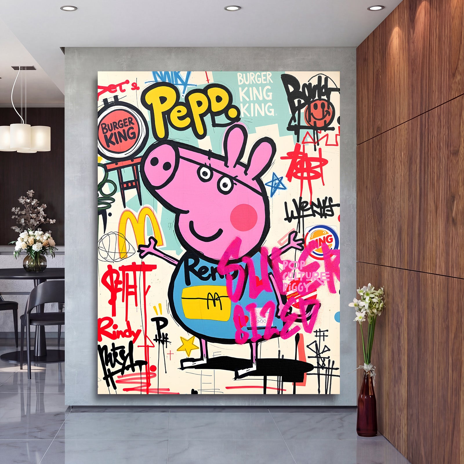 Pop art obraz Peppa Pig s logy Burger King a McDonald’s zavěšený v moderním obývacím pokoji