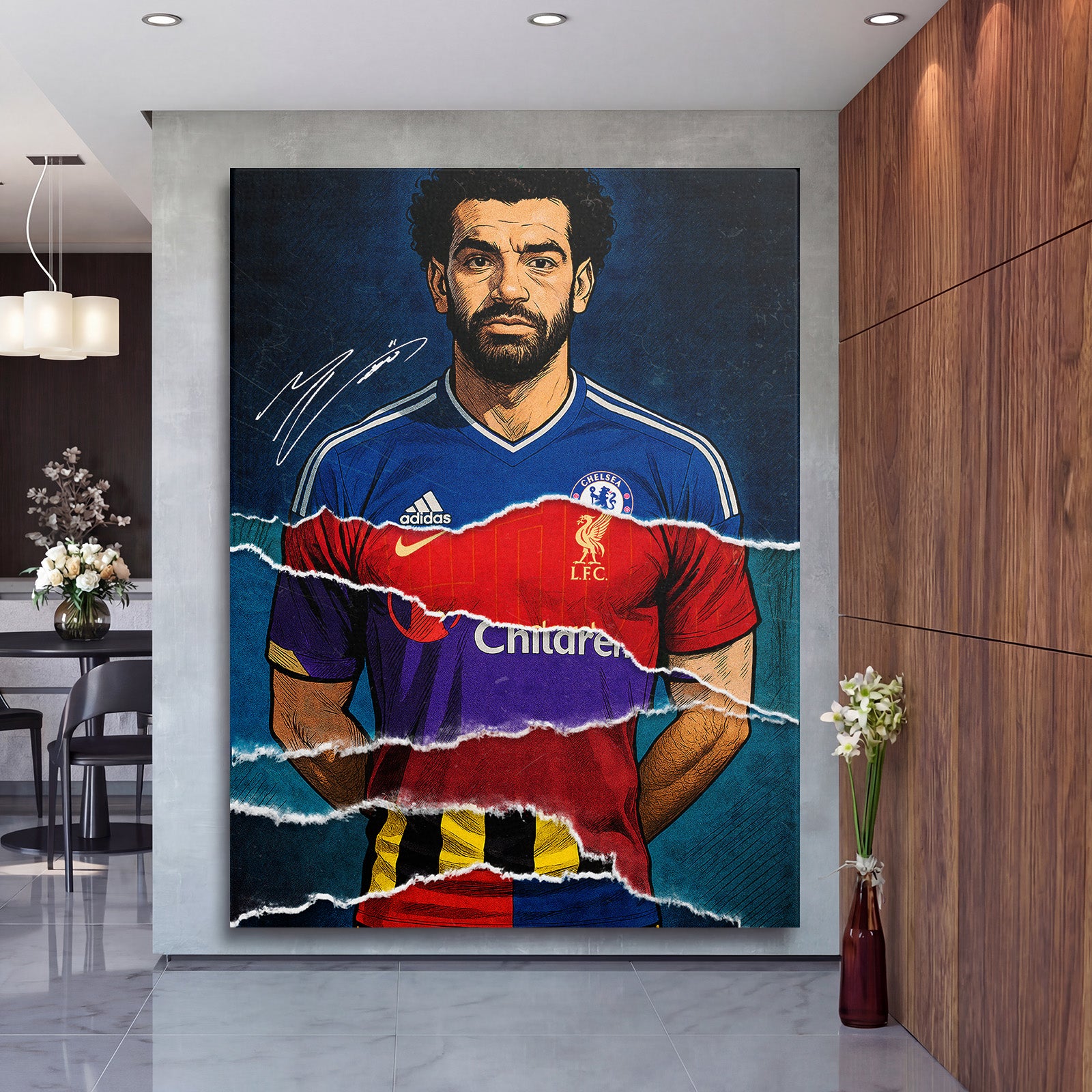 Motivační obraz na plátně s pop art koláží fotbalisty v modrém a červeném dresu, zavěšený v moderní hale