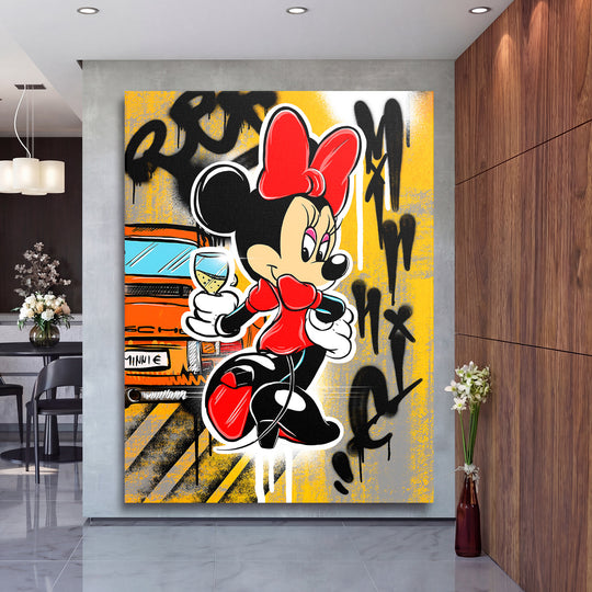 Pop art obraz Minnie Mouse se šampaňským a graffiti Porsche, motivační obraz na zeď do moderního obýváku