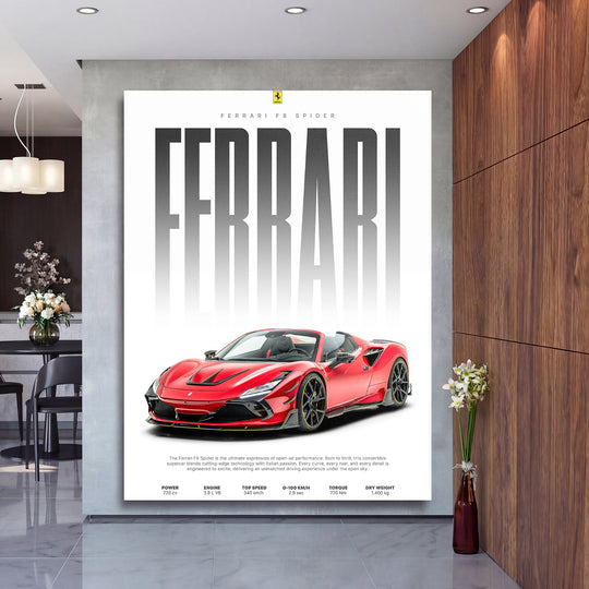 Luxusní obraz na zeď s červeným sportovním vozem Ferrari F8 Spider v moderní pracovně