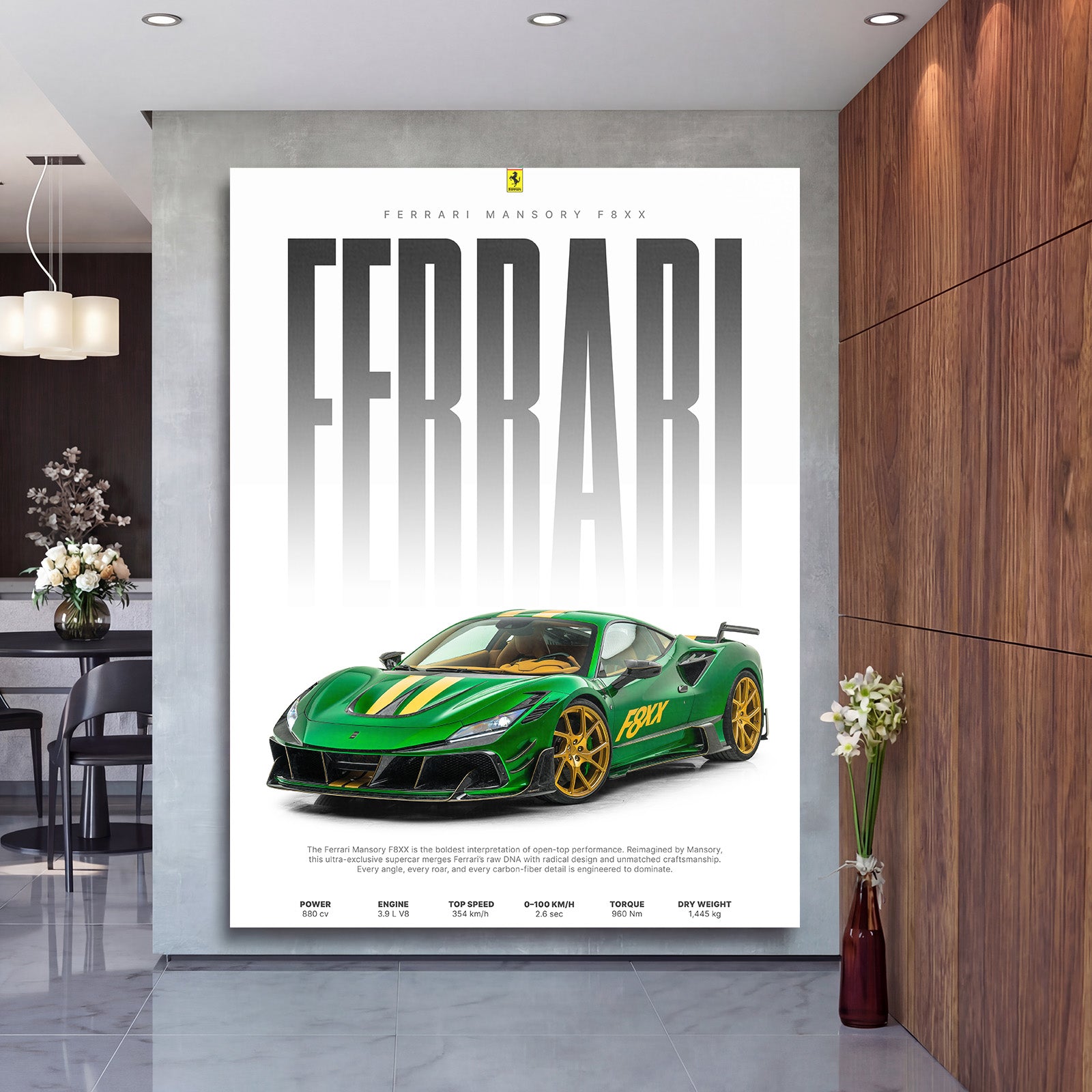 Motivační obraz na plátně se zeleným Ferrari F8XX zepředu v moderním interiéru, luxusní auto dekor do obýváku