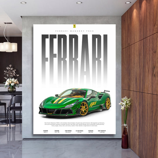 Motivační obraz na plátně se zeleným Ferrari F8XX zepředu v moderním interiéru, luxusní auto dekor do obýváku