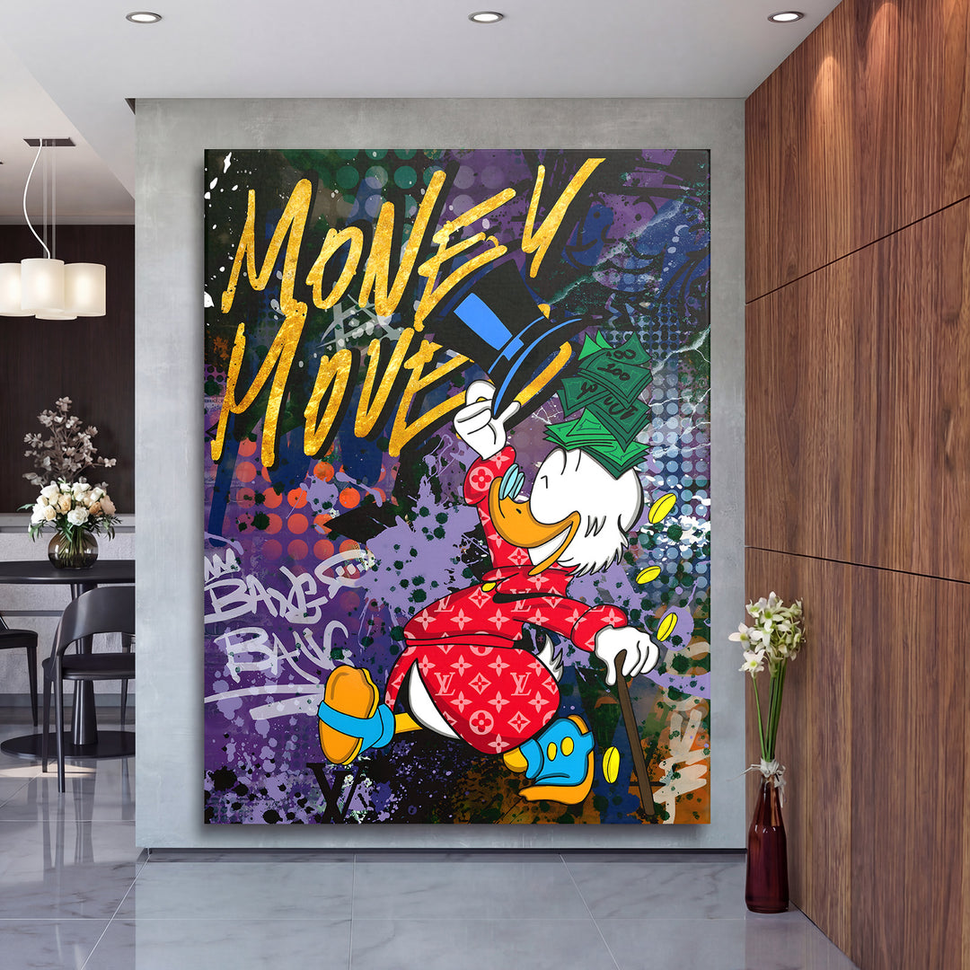 Motivační pop art obraz na zeď s Kačerem Skrblíkem v luxusním kabátě a motivem dolarů v moderním obýváku