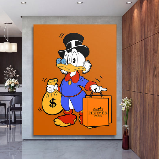 Motivační pop art obraz na plátně s Kačerem Skrblíkem držícím vak peněz a luxusní tašku Hermès