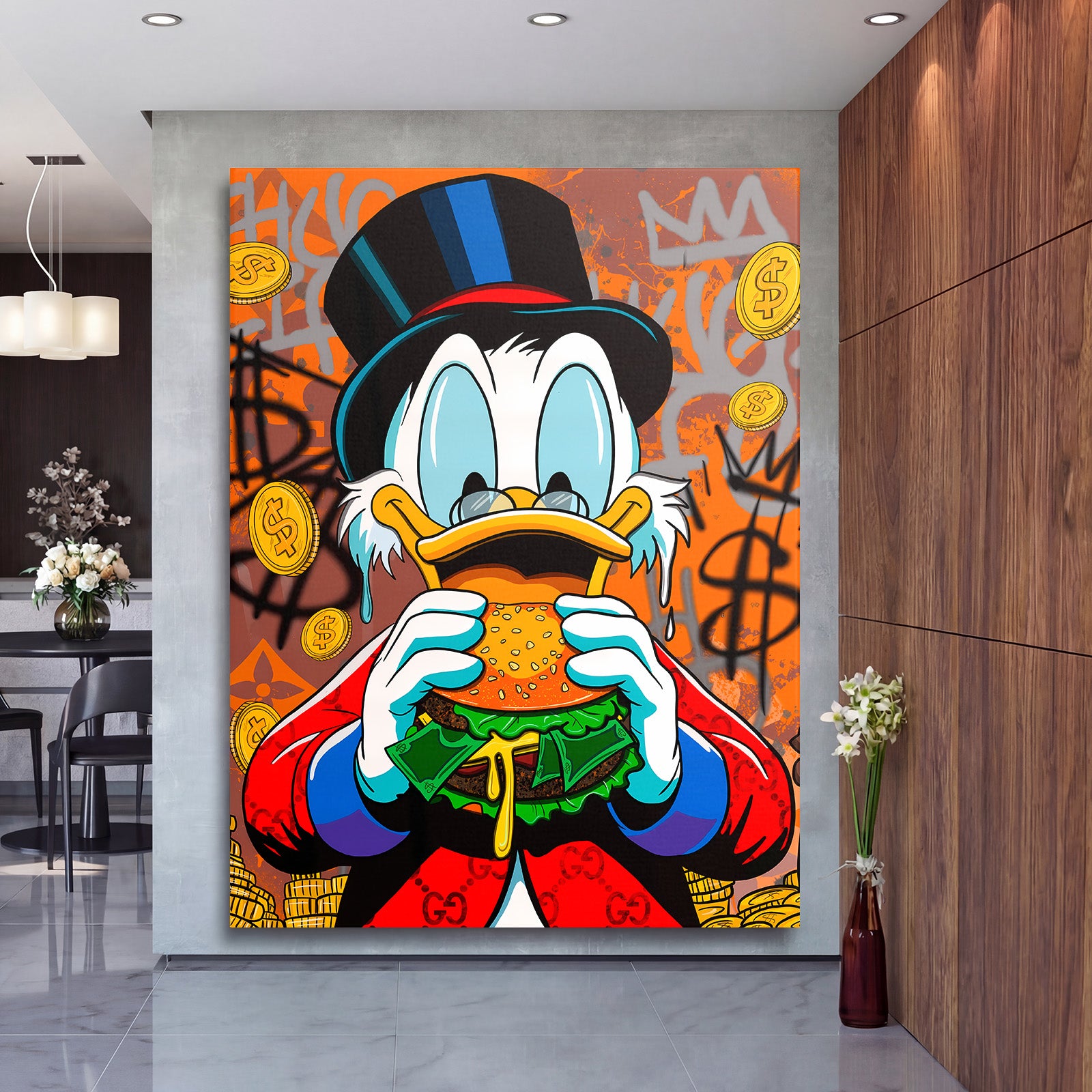 Motivační pop art obraz na plátně Kačer Skrblík jí burger plný dolarů, kolem něj padají zlaté mince