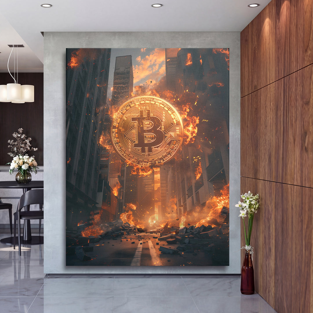 Motivační obraz na zeď s hořícím symbolem Bitcoinu nad apokalyptickou metropolí a padajícími troskami