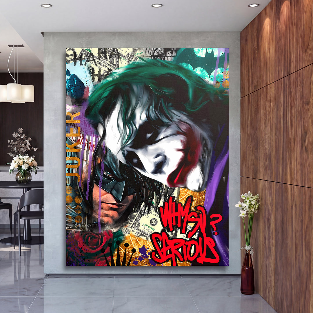 Motivační obraz na plátně se street art portréty klauna a hrdiny, graffiti motivy, dolary a rudé růže