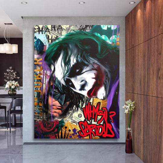 Motivační obraz na plátně se street art portréty klauna a hrdiny, graffiti motivy, dolary a rudé růže