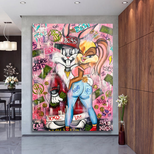 Motivační pop art obraz na zeď do obýváku se zajíci, graffiti motivem peněz a výrazním street art stylem