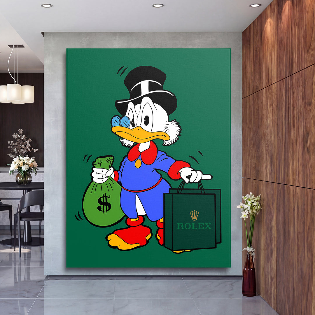 Motivační pop art obraz na plátně Scrooge McDuck s penězi a luxusní taškou Rolex v moderní pracovně