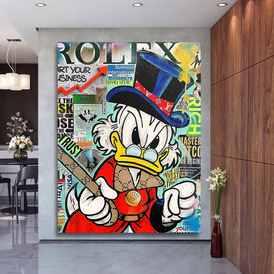Pop art obraz s Káčerem Skrblíkem, bitcoiny a logem Rolex jako motivační obraz na zeď do moderního obýváku