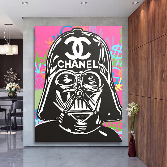 Pop art obraz na zeď s helmou Temného lorda na růžovo‑zeleném graffiti pozadí, motivační street art