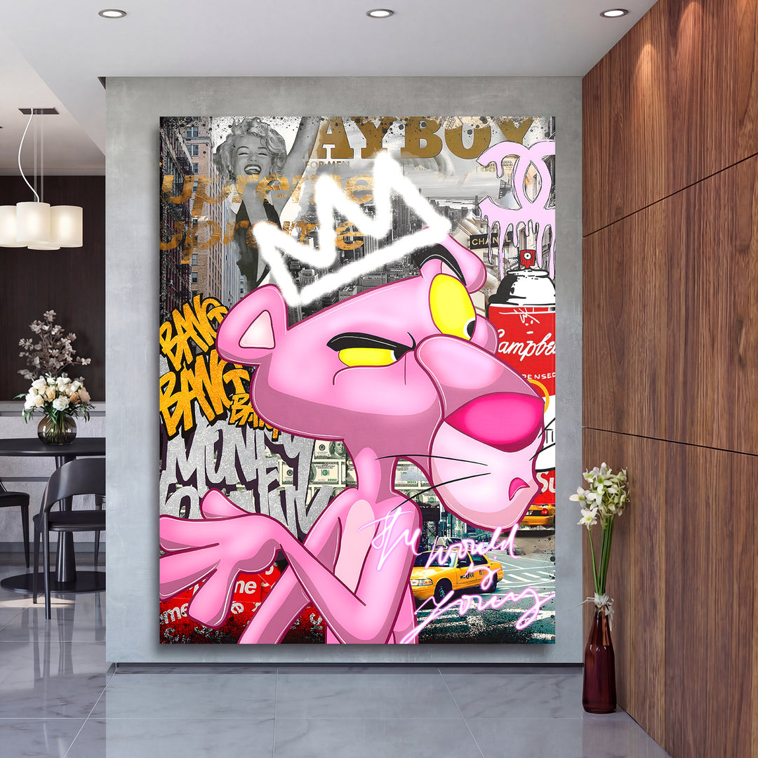 Motivační pop art obraz na zeď s Pink Pantherem a graffiti ve stylu newyorské street art scény
