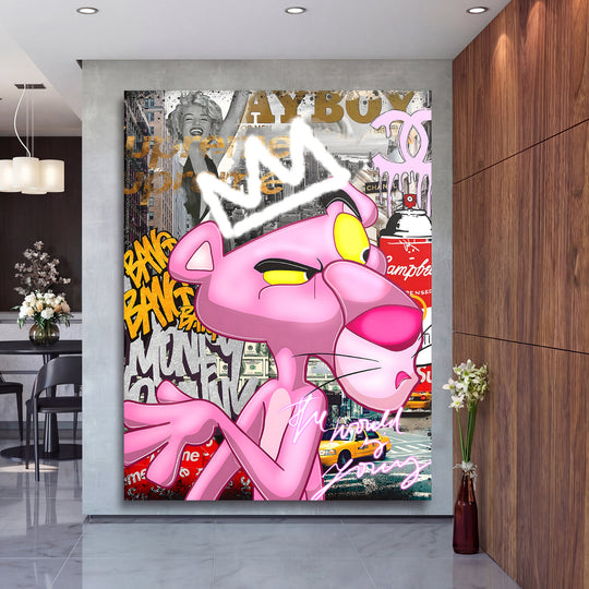 Motivační pop art obraz na zeď s Pink Pantherem a graffiti ve stylu newyorské street art scény
