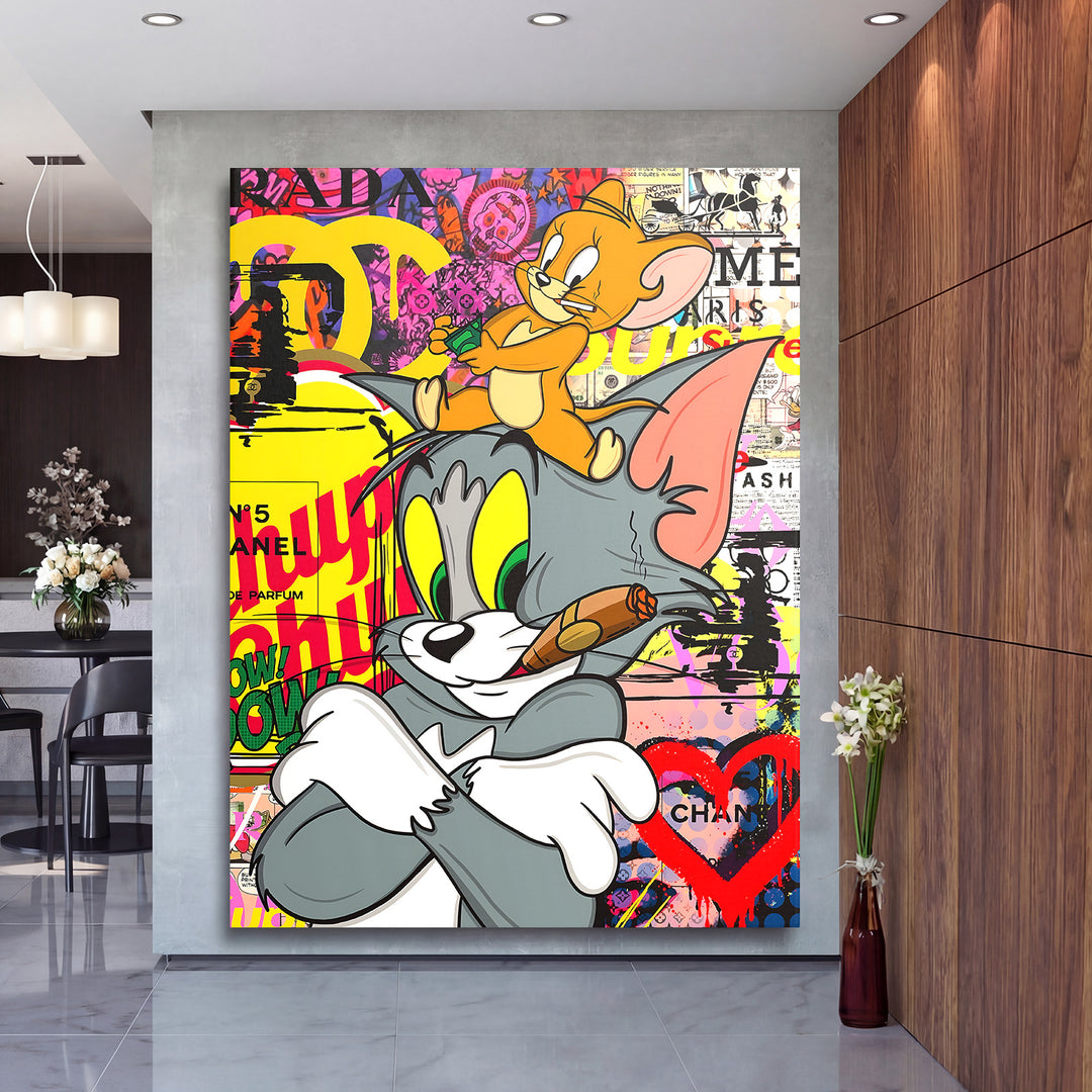 Pop art obraz Tom a Jerry, graffiti motiv dolarů a parfému jako motivační obraz na zeď v moderním interiéru