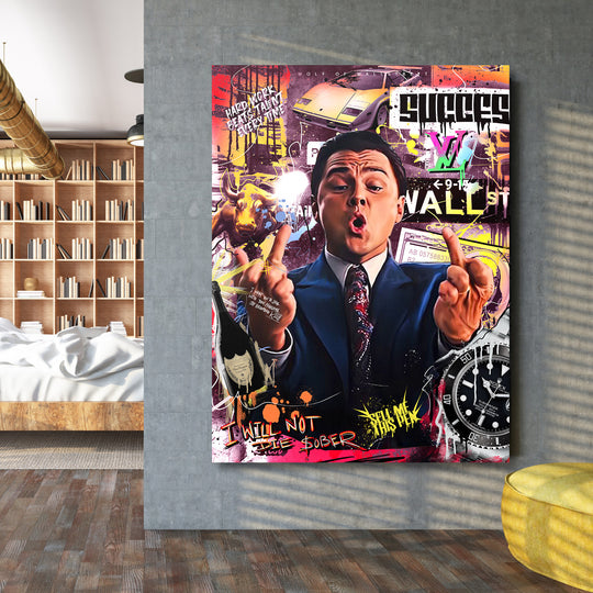 Pop art motivační obraz na zeď do obýváku s koláží Wolf of Wall Street, luxusním autem, Rolexem, býkem a graffiti citátem