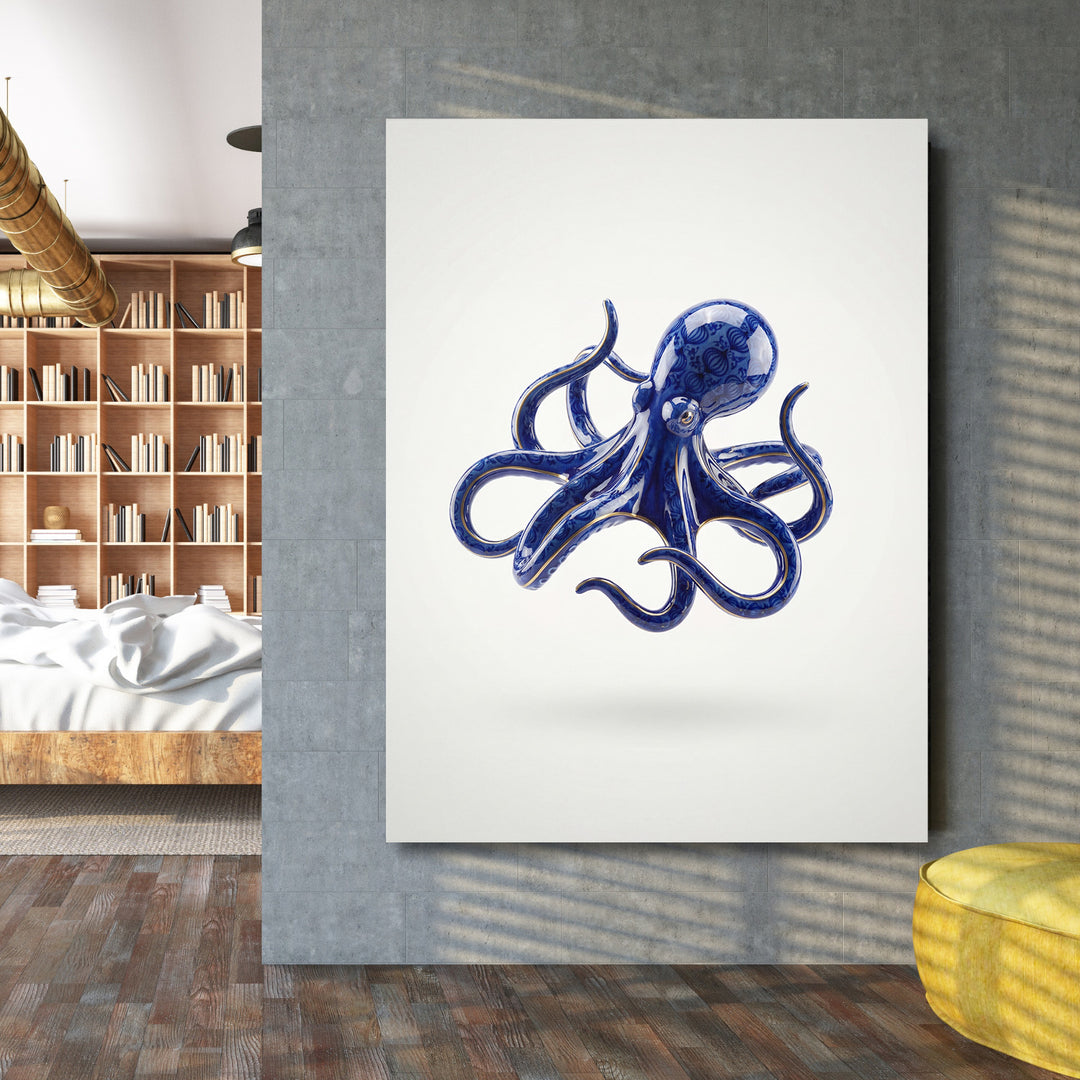 Moderní obraz na plátně s modrou chobotnicí v designovém interiéru, abstraktní námořní motiv