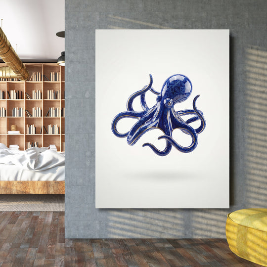 Moderní obraz na plátně s modrou chobotnicí v designovém interiéru, abstraktní námořní motiv