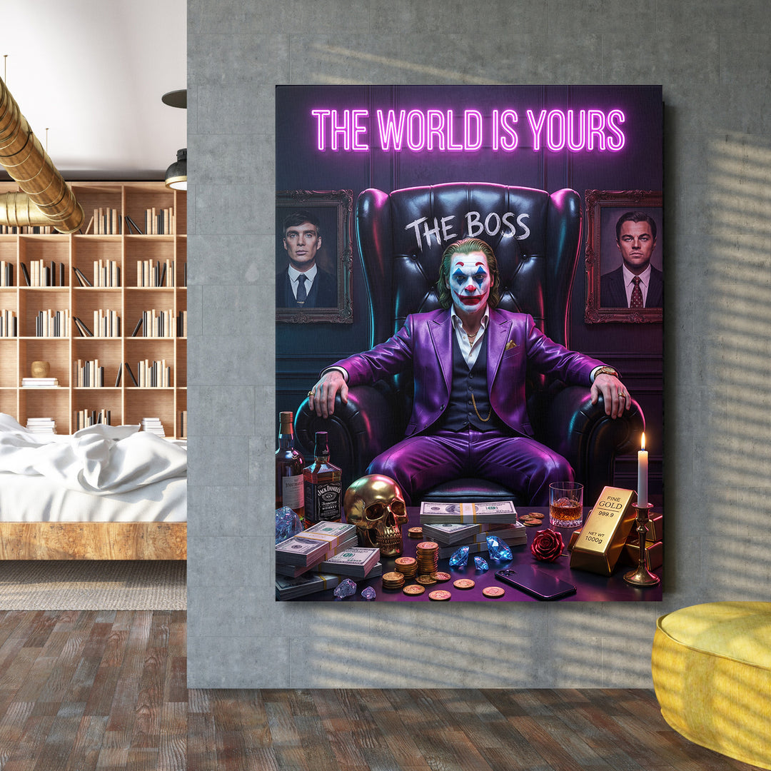 Luxusní obraz na plátně joker v křesle pod neonem, hromada peněz, zlato a sklenka whiskey v obývacím pokoji