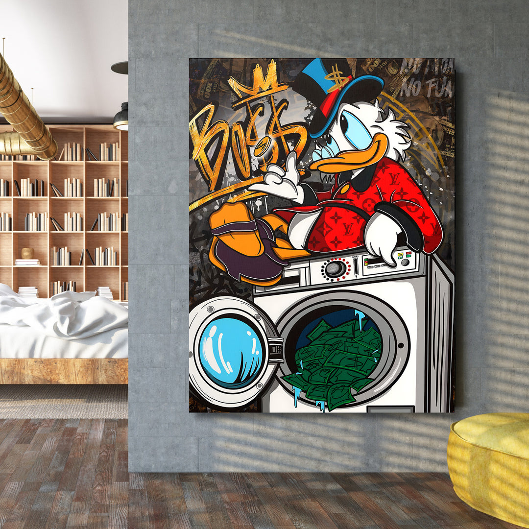 Pop art obraz kachny sedící na pračce plné peněz v moderní pracovně, lifestyle dekorace na zeď