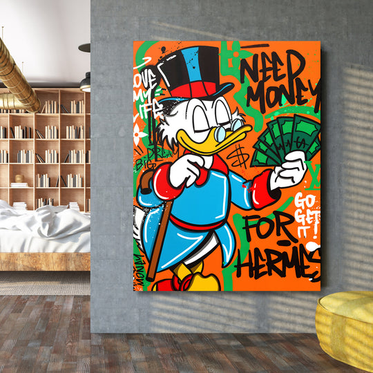 Motivační pop art obraz na zeď s Kačerem a graffiti citátem o penězích v moderním interiéru