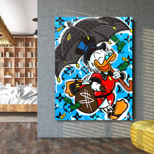 Motivační obraz na plátně s pop art Kačerem, motivem peněz a luxusu v moderní pracovně