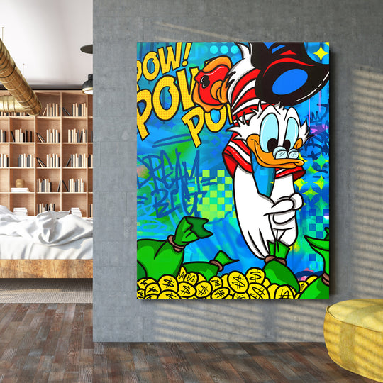 Motivační pop art obraz na plátně s kačerem obklopeným penězi a graffiti v moderní ložnici