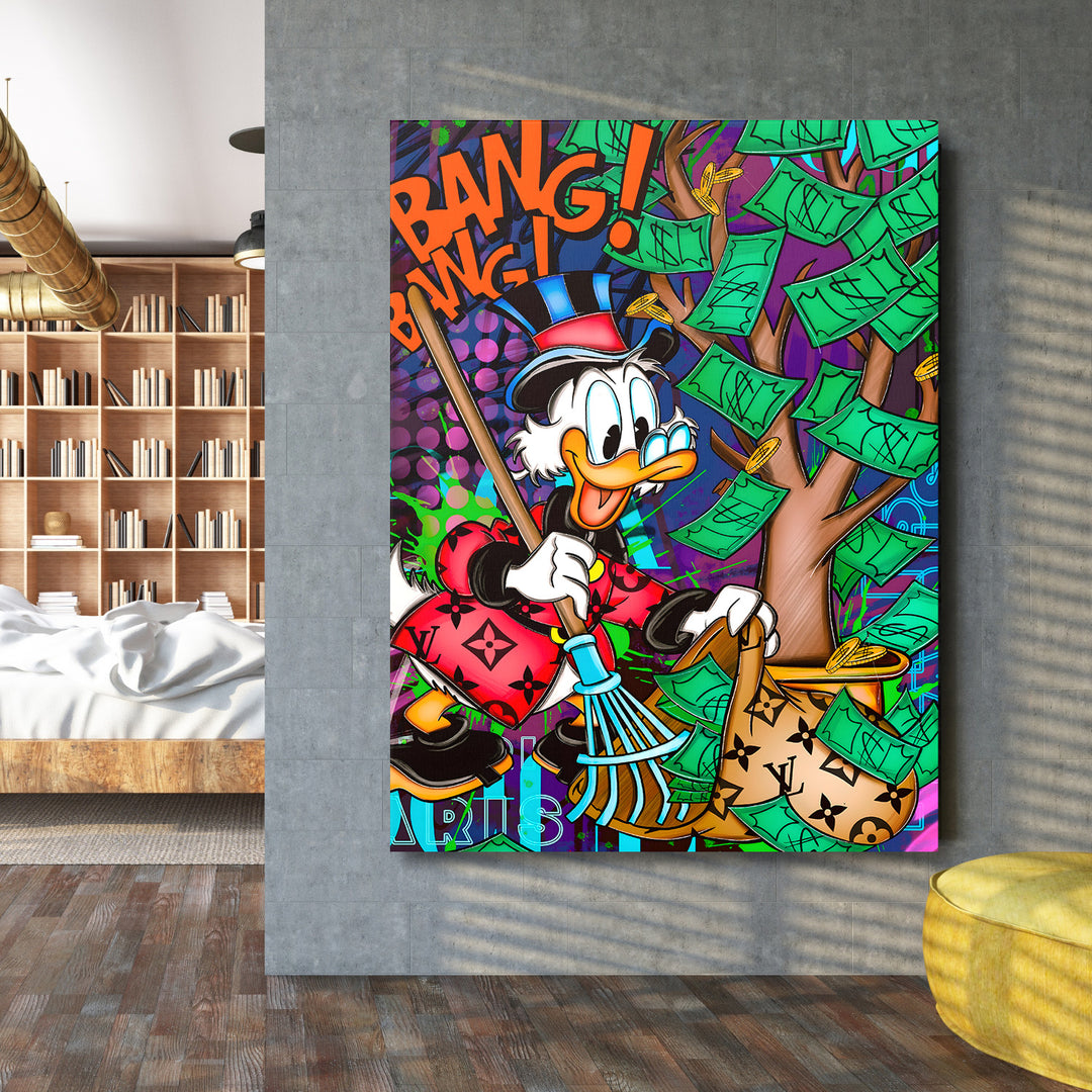 Pop art motivační obraz na zeď s kachnou hrabající peníze pod peněžním stromem, dolarový lifestyle