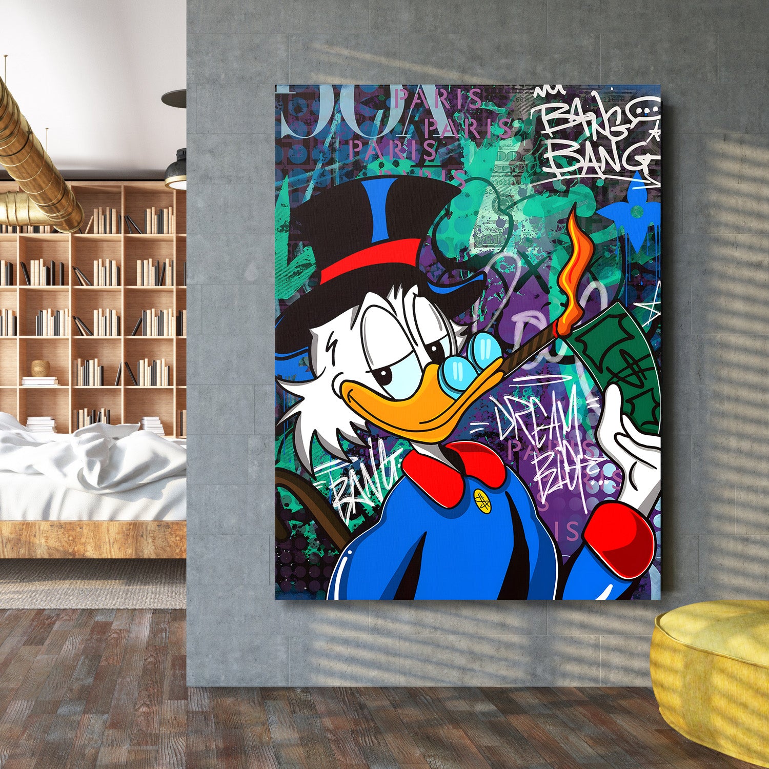 Motivační pop art obraz na zeď s kachním magnátem, zapálenou bankovkou a street art motivy