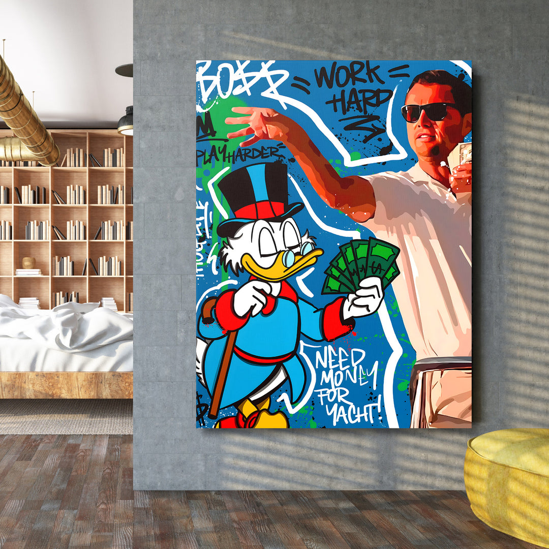 Motivační pop art obraz na zeď s Kačerem Skrblíkem, dolary a graffiti motivem bohatství