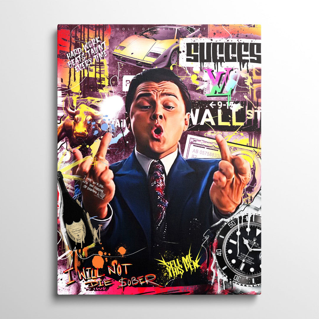 Motivační obraz Vlk z Wall Street – zepředu na zeď, s motivem Rolex a hustle mindsetu.