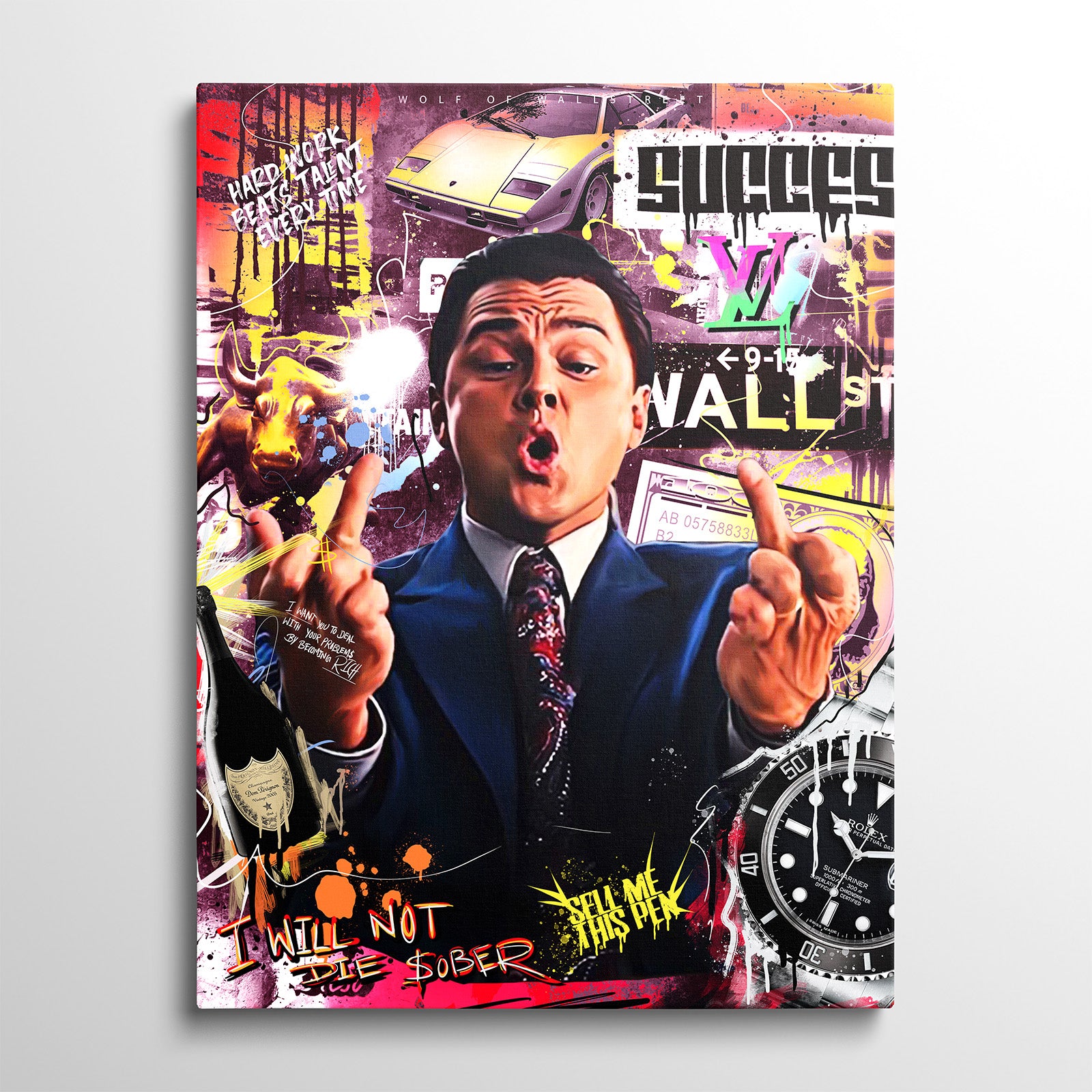 Motivační obraz Vlk z Wall Street – zepředu na zeď, s motivem Rolex a hustle mindsetu. 