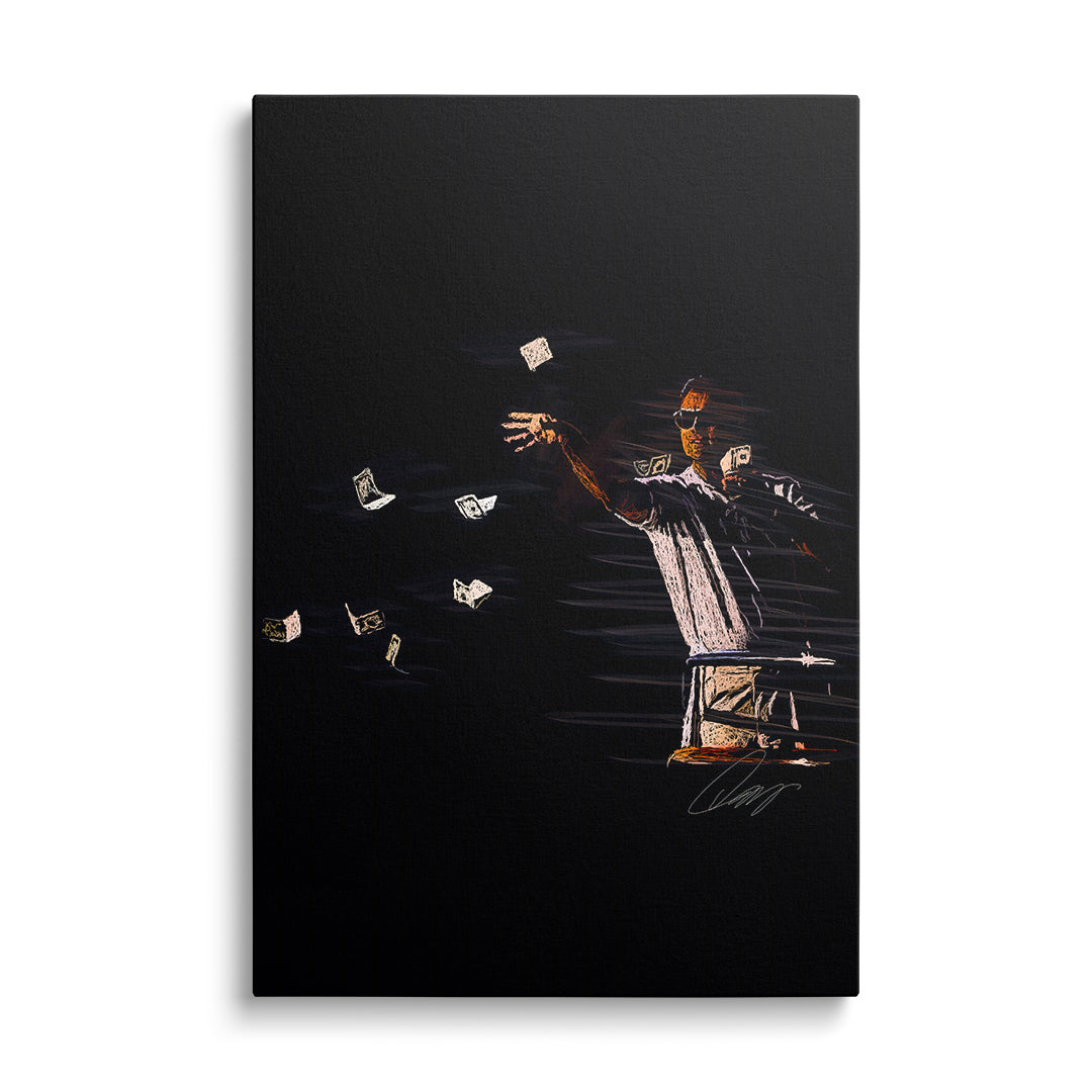 Motivační obraz na plátně, postava hází bankovky v moderním street art pop art stylu