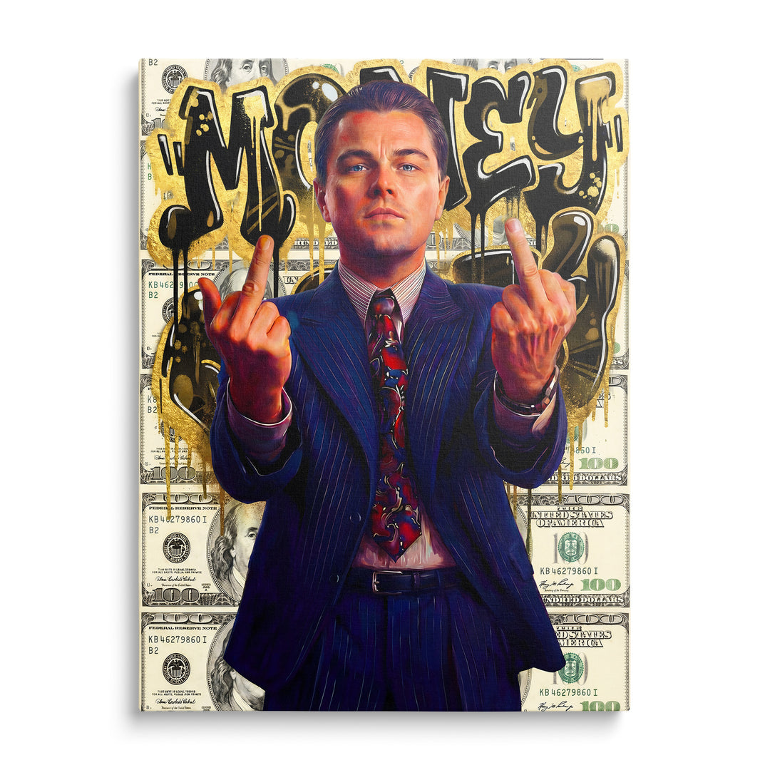 Motivační obraz na plátně s portrétem vlka z Wall Street, graffiti pop art, dolarový street-art motiv