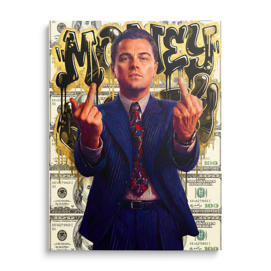 Motivační obraz na plátně s portrétem vlka z Wall Street, graffiti pop art, dolarový street-art motiv