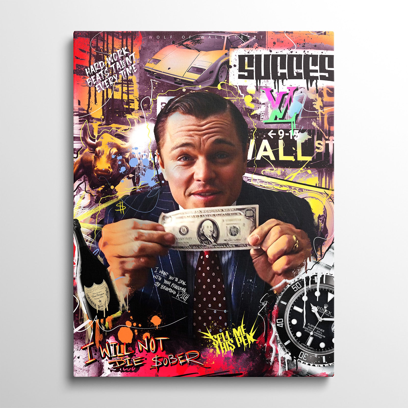 Motivační obraz Vlk z Wall Street – zepředu na zeď, s motivem peněz a hustle mindsetu. 