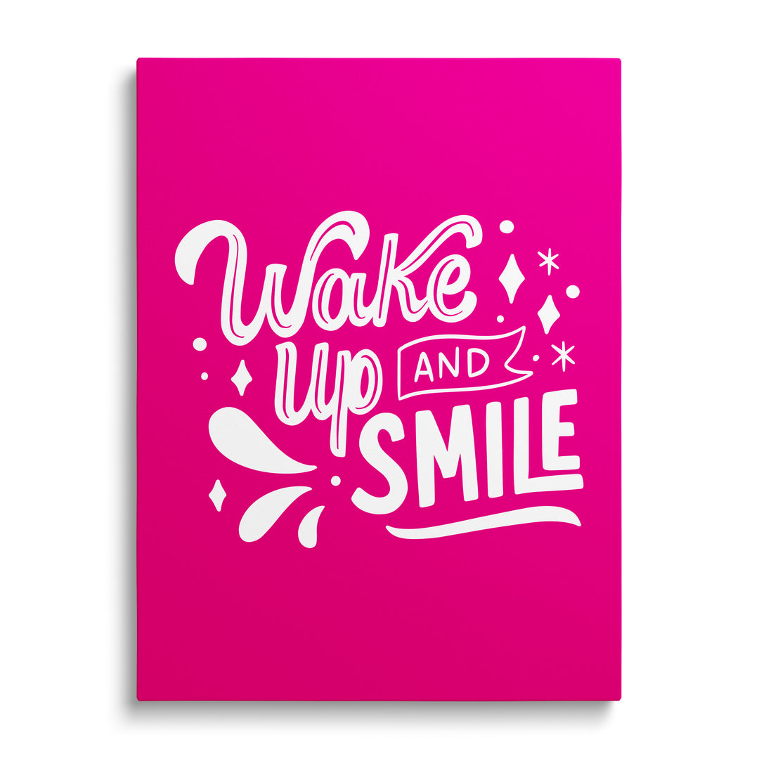 Motivační obraz na plátně s nápisem Wake up and smile na růžovém pozadí v minimalistickém stylu