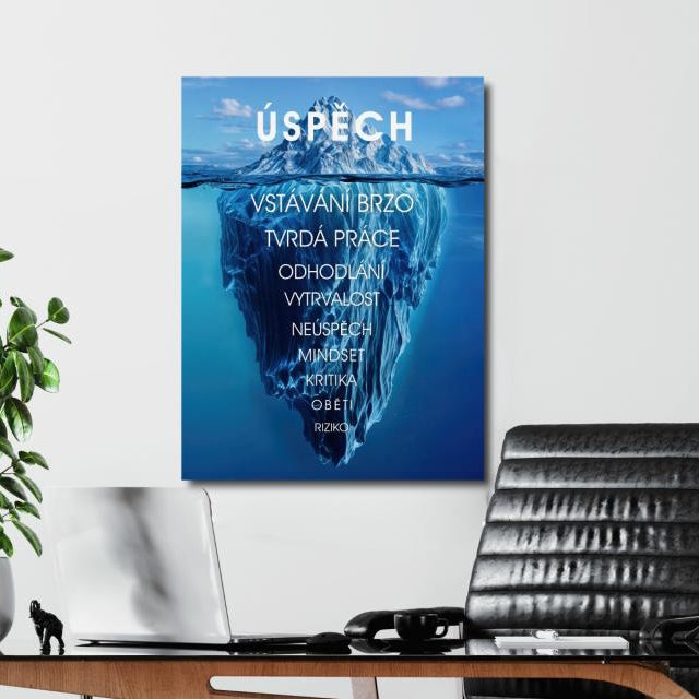 Obraz na zeď v kanceláři: Ledovec úspěchu s motivačními slovy odhodlání, tvrdá práce, risk ... Motivační obraz česky, BudujImperium.cz