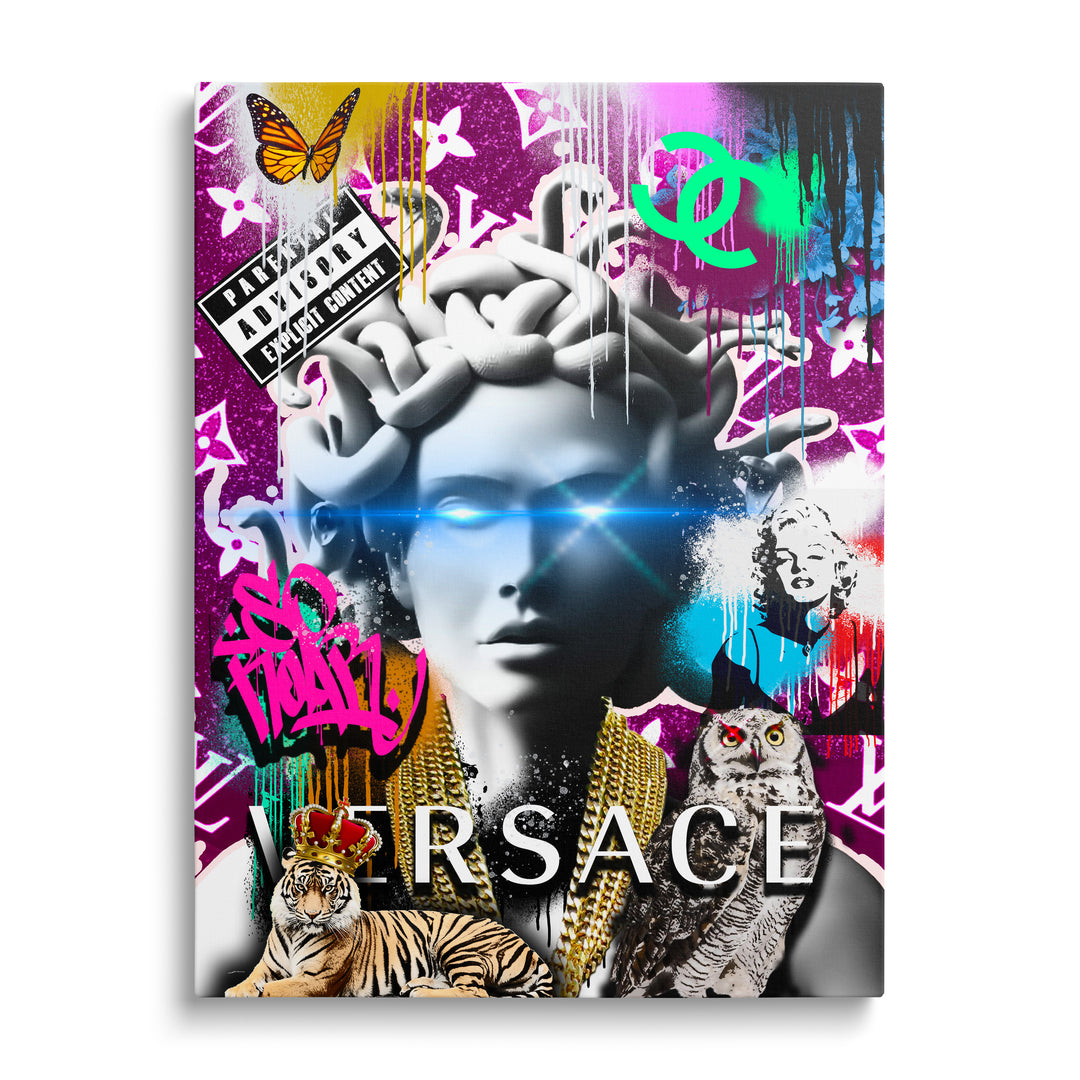 Pop art obraz Versace medůza na plátně na zdi.