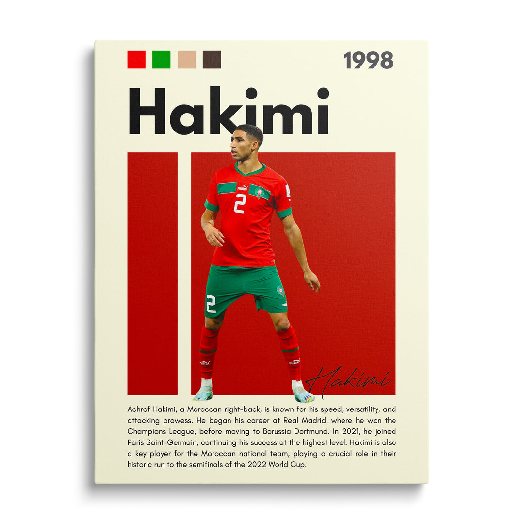 Motivační obraz na plátně: fotbalista Achraf Hakimi v marockém dresu, akční záběr a sportovní energie