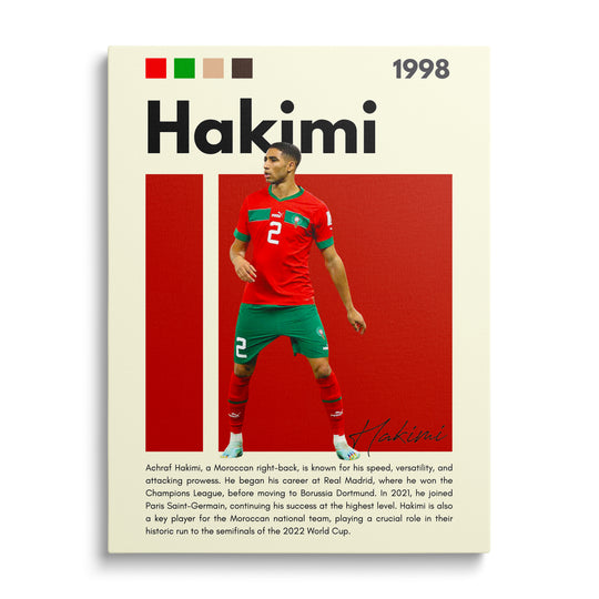 Motivační obraz na plátně: fotbalista Achraf Hakimi v marockém dresu, akční záběr a sportovní energie