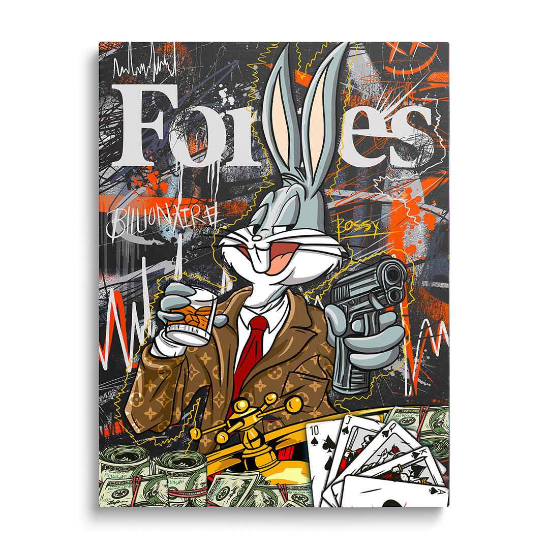 Pop art obraz na zeď s Bugsem Bunny v luxusním obleku, přední pohled, motiv peněz a street artu
