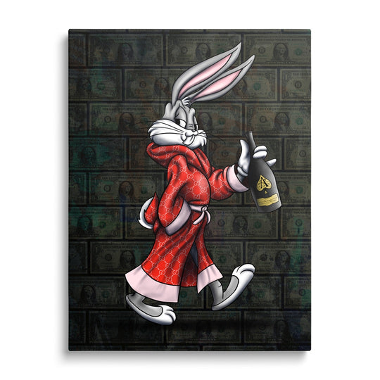 Luxusní pop art obraz na plátně s Bugs Bunnym v červeném županu, bankovkami a šampaňským, motiv bohatství
