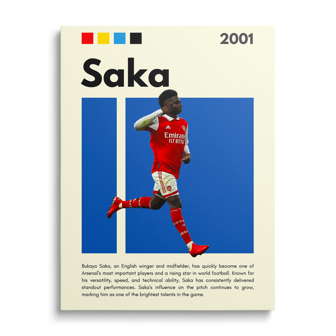 Motivační obraz na plátně s fotbalistou v červeném dresu v dynamické akci na modrém pozadí