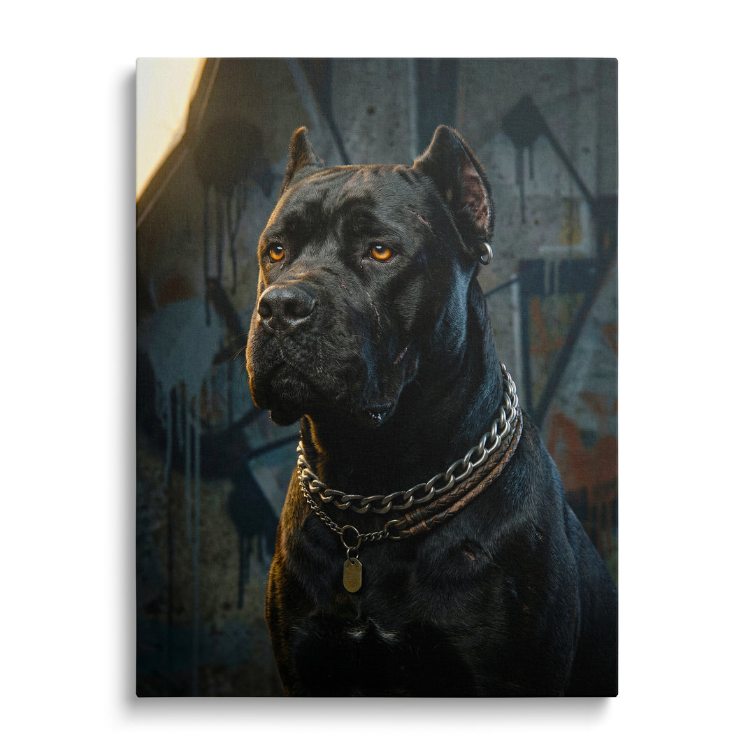 Motivační obraz na zeď s černým psem Cane Corso před barevným street art graffiti, moderní pop art styl, čelní pohled