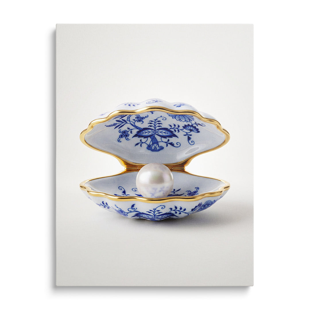 Luxusní obraz na plátně s cibulákovou porcelánovou mušlí a perlou v minimalistickém designu