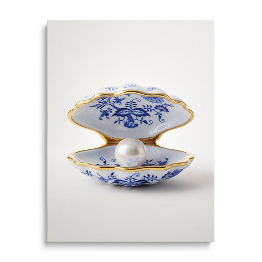 Luxusní obraz na plátně s cibulákovou porcelánovou mušlí a perlou v minimalistickém designu