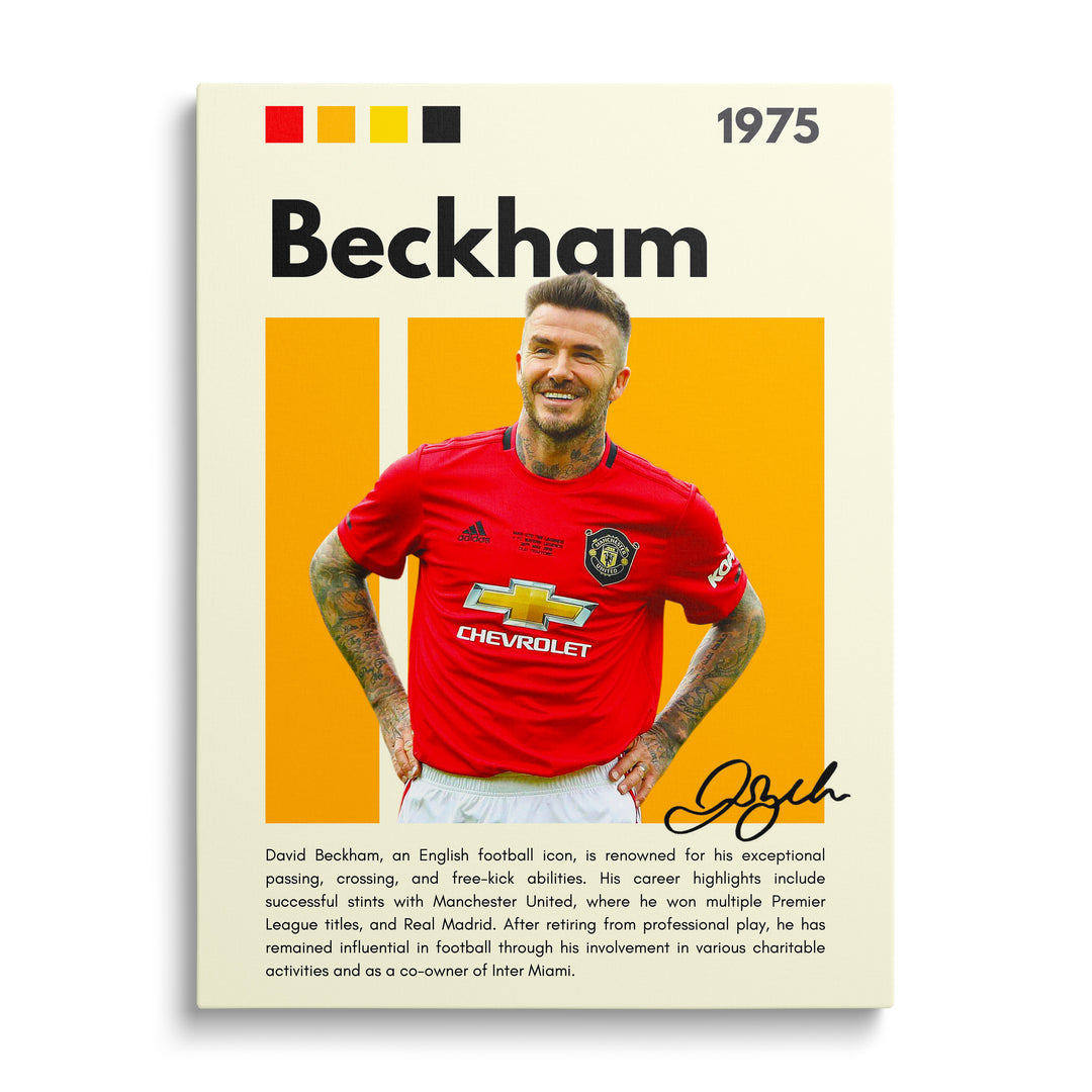 Moderní obraz na plátně David Beckham v dresu Manchester United, podpis, fotbalová legenda, sportovní motiv