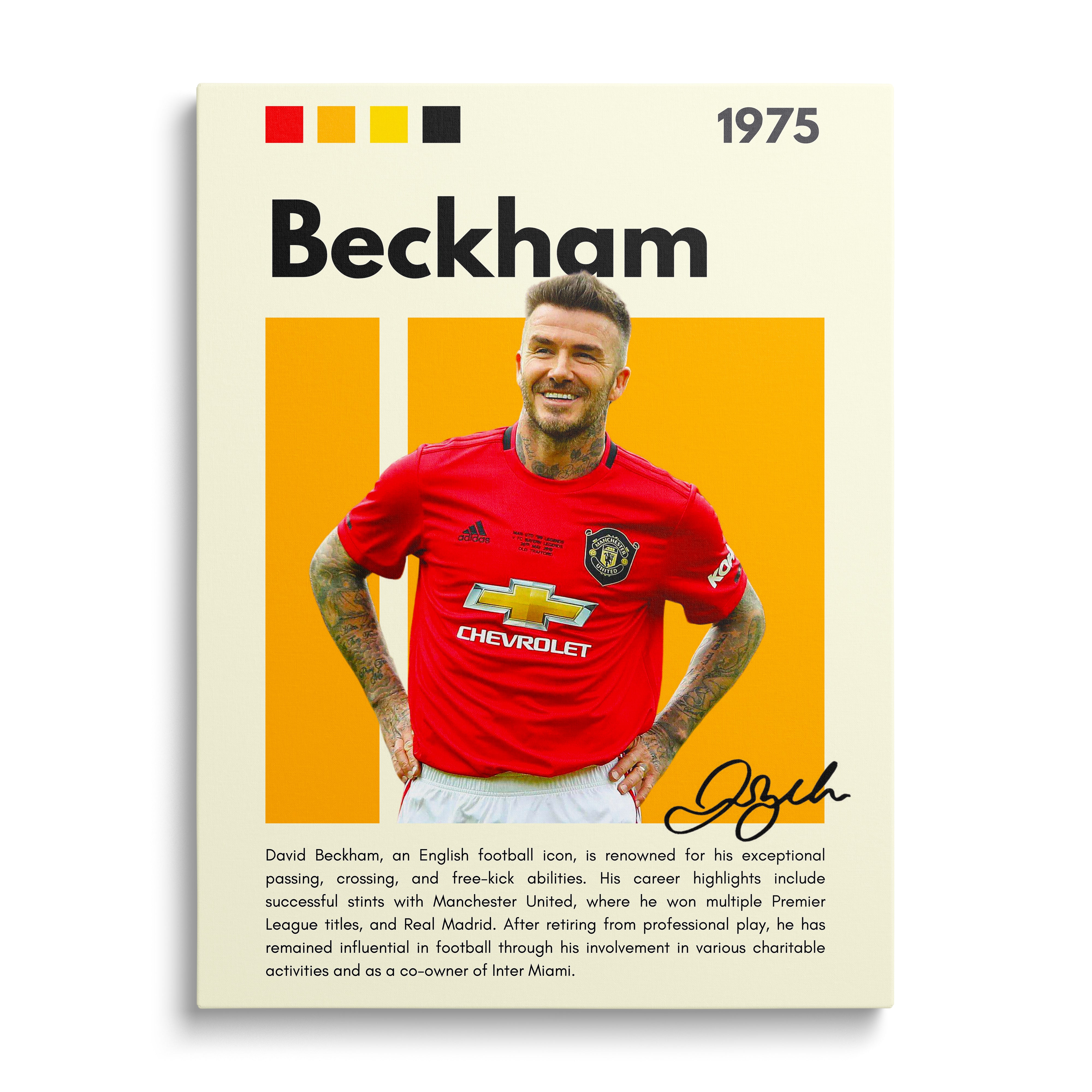 Moderní obraz na plátně David Beckham v dresu Manchester United, podpis, fotbalová legenda, sportovní motiv